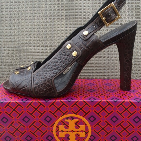 TORY BURCH 9M NAOMI Brown Croc Embossed Leather Slingback Heels - Picture 4 of 9
